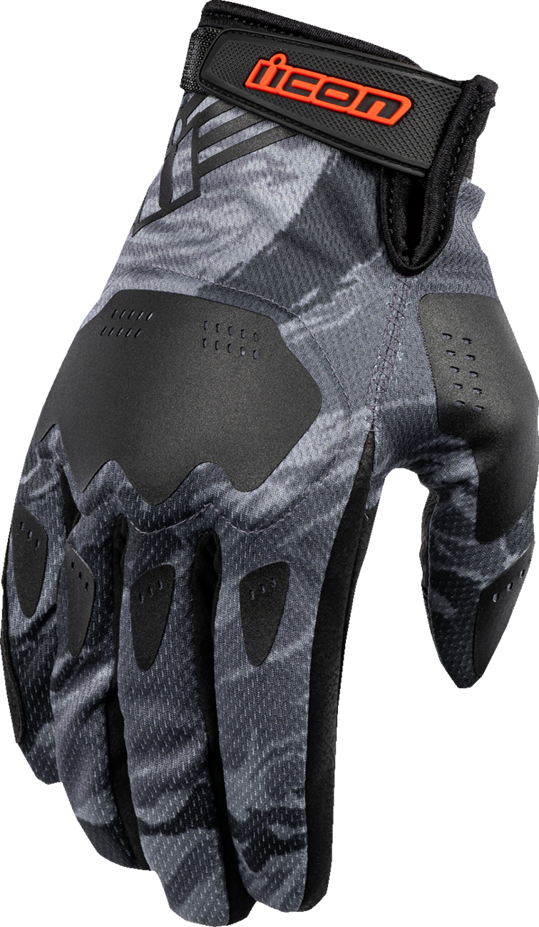 Gray ICON Hooligan™ Tiger's Blood Gloves in 2XL size by Bill's Exhausts, showing textured fabric and secure wrist closure.