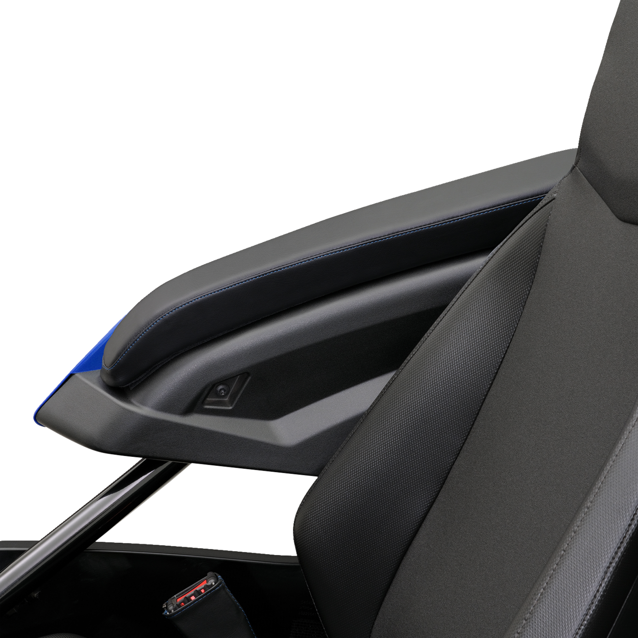 Black SHOW CHROME Kaliber armrest pads with blue stitching for Slingshot '15-'22 engine, designed by Bill's Exhausts.
