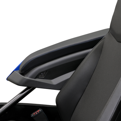 Black SHOW CHROME Kaliber armrest pads with blue stitching for Slingshot '15-'22 engine, designed by Bill's Exhausts.