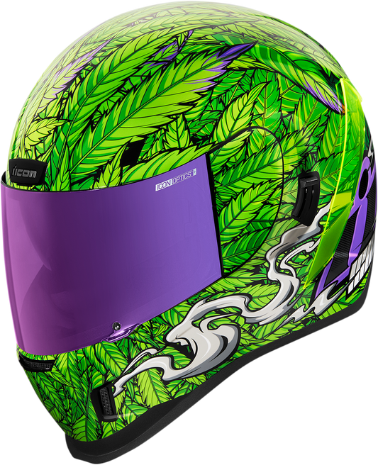 Green ICON Airform™ Helmet Ritemind Glow™ design in XL size, featuring aerodynamic shape and ventilation for motorcycle riding.
