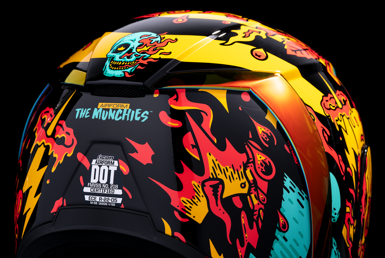 Blue ICON Airform™ MIPS helmet with Munchies design, medium size, featuring sleek aerodynamic shape and adjustable straps.