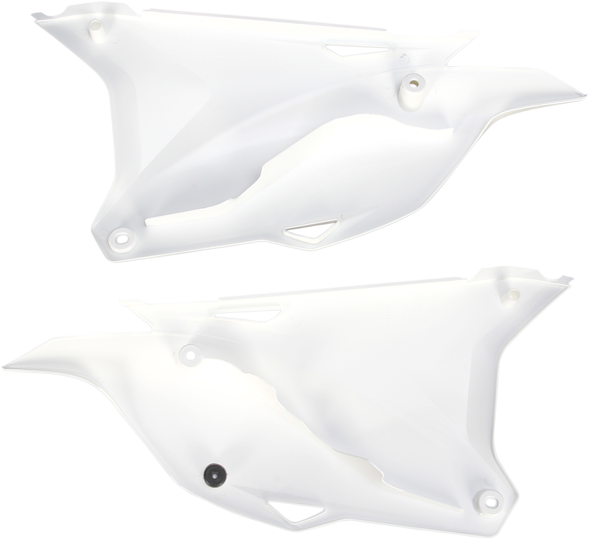 A set of white ACERBIS side panels for motorcycle body, featuring sleek design and brand-specific details.
