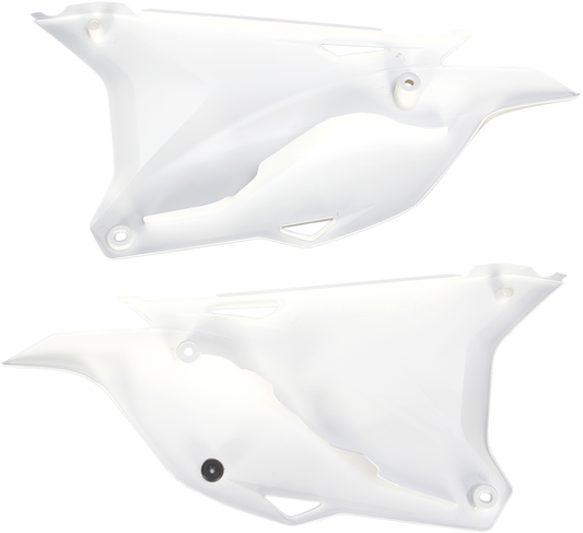 A set of white ACERBIS side panels for motorcycle body, featuring sleek design and brand-specific details.