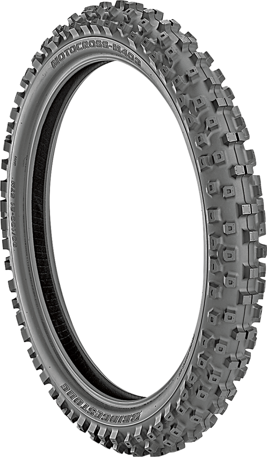 BRIDGESTONE M403 front motorcycle tire 70/100-17 with off-road and MX racing tread for dirt biking and motocross.