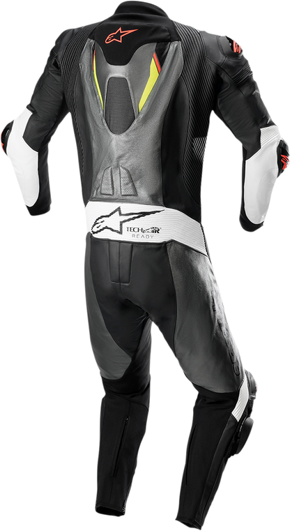 Alpinestars Missile Ignition v2 leather racing suit in metallic gray, black, yellow, and red fluorescent, size US 46 / EU 56.
