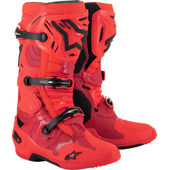 Alpinestars Tech 10 Ember LE motorcycle boots in red and black, US size 10, with rugged design and protective features