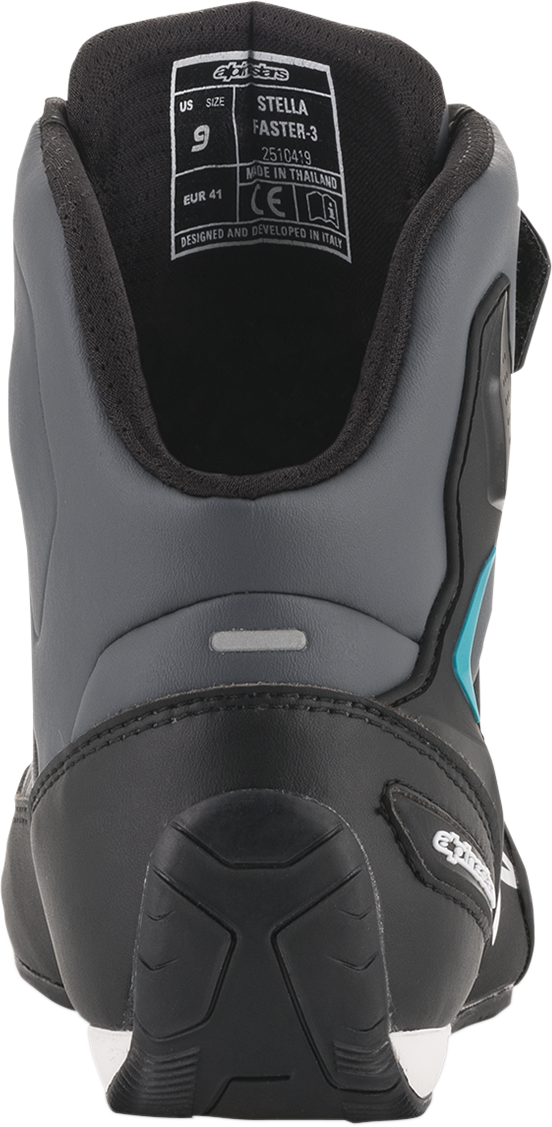 Alpinestars Stella Faster-3 racing shoes in black, gray, and blue with US size 8, featuring sporty design and durable construction.