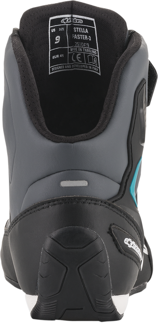 Alpinestars Stella Faster-3 racing shoes in black, gray, and blue with US size 8, featuring sporty design and durable construction.