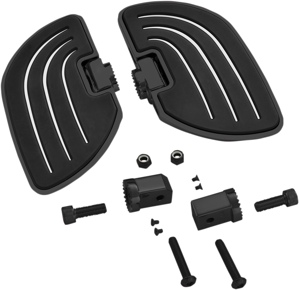 Show chrome driver floorboards in satin black for engine compatibility, featuring Bill's Exhausts branding and mounting details.