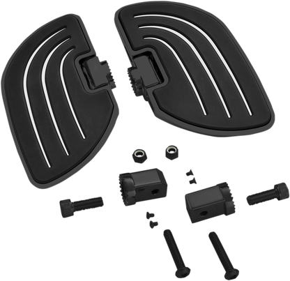 Show chrome driver floorboards in satin black for engine compatibility, featuring Bill's Exhausts branding and mounting details.