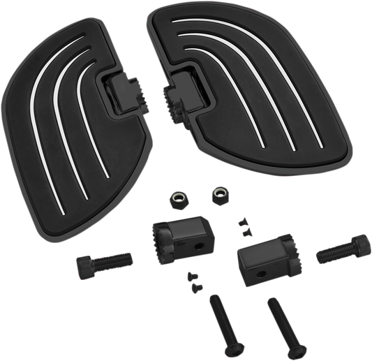 Show chrome driver floorboards in satin black for engine compatibility, featuring Bill's Exhausts branding and mounting details.