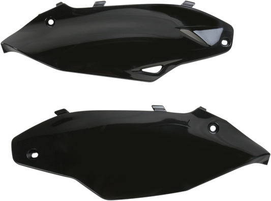 Acerbis black side panels for motorcycle body, featuring sleek black finish and precise fit, designed for Bill's Exhausts model.