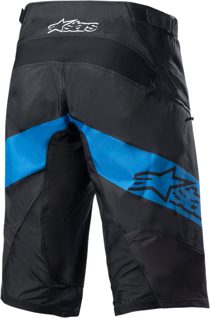 Alpinestars Racer Shorts in black and blue, US size 38, displayed on a hanger showing sporty design and branding.