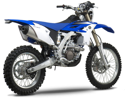 YOSHIMURA RS-4 motorcycle header and exhaust system, shiny metal pipes with brand markings, designed for performance bikes.