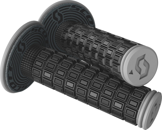 Scott Mellow black and gray motorcycle handlebar grips by Bill's Exhausts with textured rubber surfaces