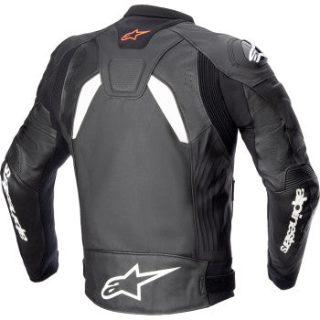 Alpinestars GP Plus R v4 leather motorcycle jacket in black and white, US 42 / EU 52, displayed on a mannequin.