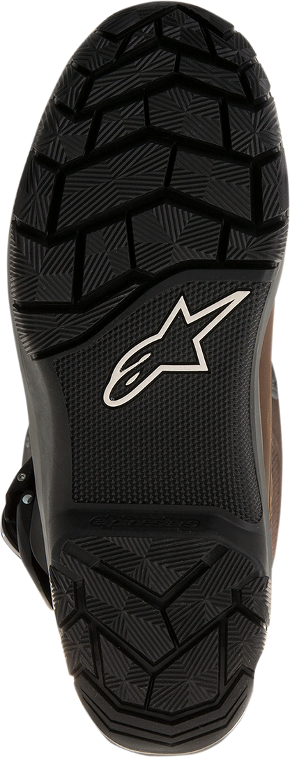 Alpinestars Corozal Adventure Boots in brown and black, US 7, featuring rugged design and ankle protection for motorcycle riding.