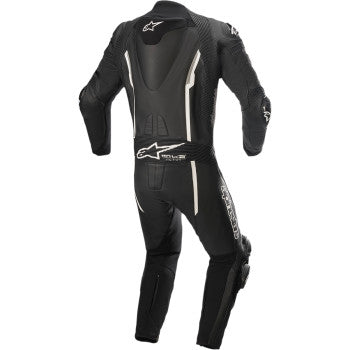 Alpinestars Missile v2 1-piece leather motorcycle suit in black and white, EU 48, displayed on a mannequin.