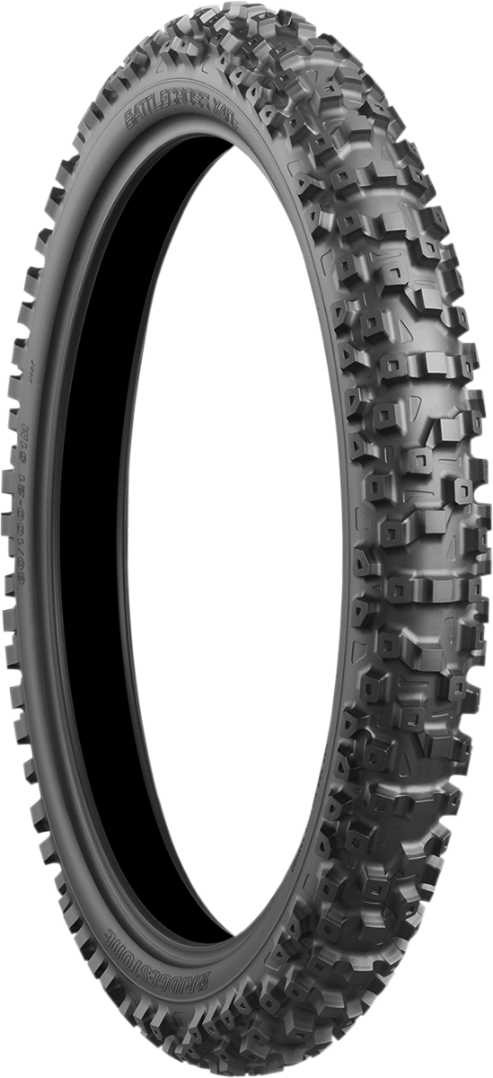 BRIDGESTONE Battlecross X40 front motorcycle tire 90/100-21 with 57M speed rating, showing tread pattern and sidewall details.