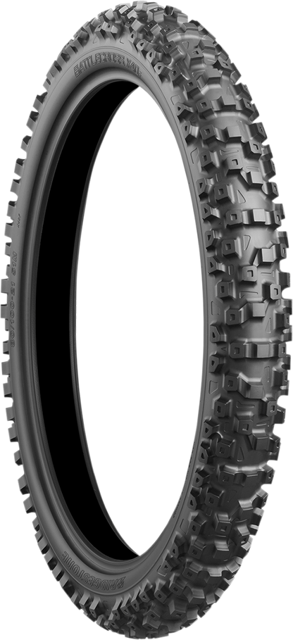 BRIDGESTONE Battlecross X40 front motorcycle tire 90/100-21 with 57M speed rating, showing tread pattern and sidewall details.