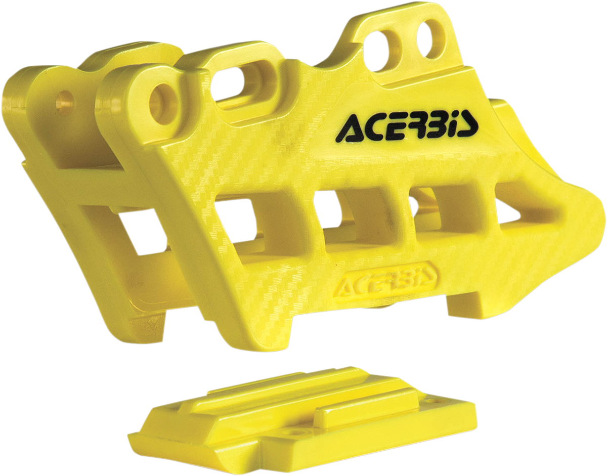 Yellow ACERBIS Complete Chain Guide Block for Suzuki motorcycles, featuring durable body construction.
