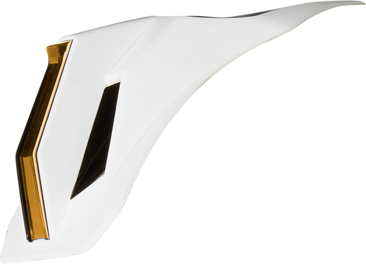 White and bronze ICON Airform™ Speedfin helmet parts, close-up view showing detailed design and branding.