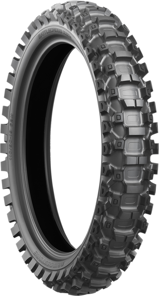 Bridgestone Battlecross X20 rear motorcycle tire 120/80-19 designed for soft terrain riding, with knobby tread pattern.