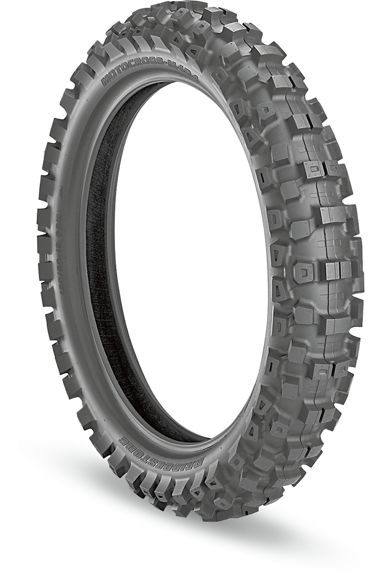 BRIDGESTONE M404 rear motorcycle tire 80/100-12 41M with off-road tread pattern for motocross racing and off-road riding.