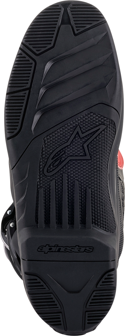 Alpinestars Tech 5 motorcycle boots in black and red with sturdy design and protective features, displayed in a product shot.