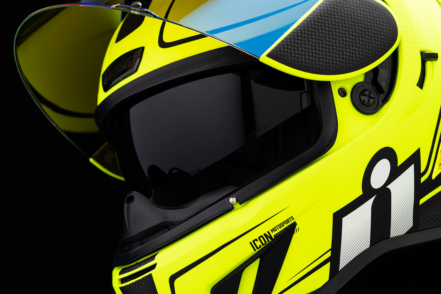Bill's Exhausts ICON Airform™ Helmet Resurgent Hi-Viz medium helmet with reflective design and aerodynamic shape.