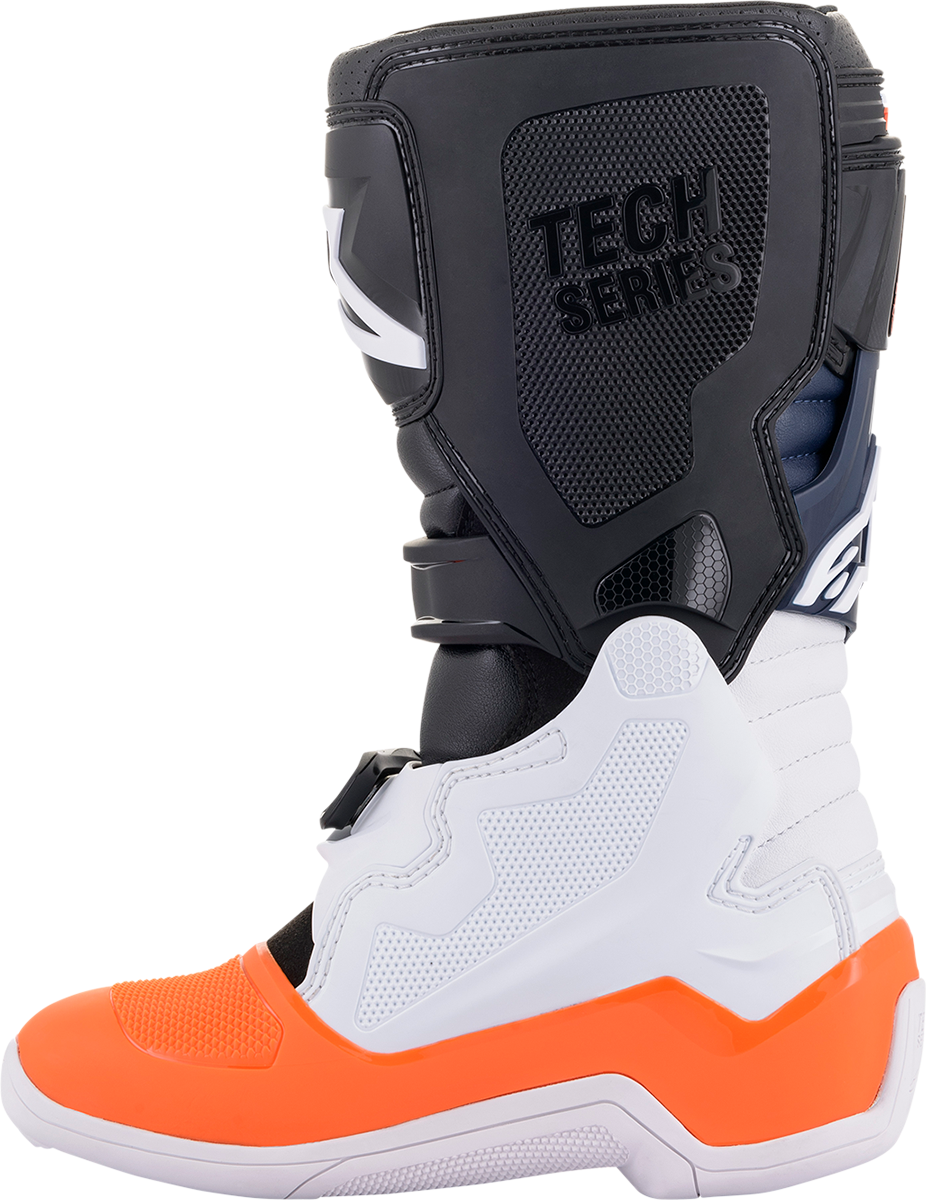 Alpinestars Youth Tech 7S motorcycle boots in black, orange, and white with US size 8, featuring protective design and branding.