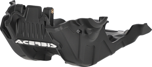 Black ACERBIS large skid plate installed on Gas Gas, KTM, and Husqvarna bikes, protecting the engine and frame.