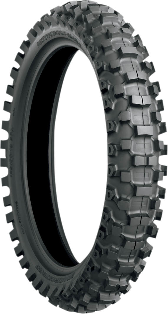 BRIDGESTONE M204 rear motorcycle tire 90/100-16, 52M for off-road riding, showing tread pattern and sidewall details.