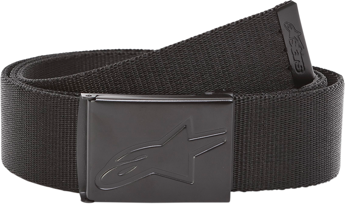 Black Ageless Web Belt by Alpinestars featuring a woven design and metal buckle, perfect for casual and motorcycle style.