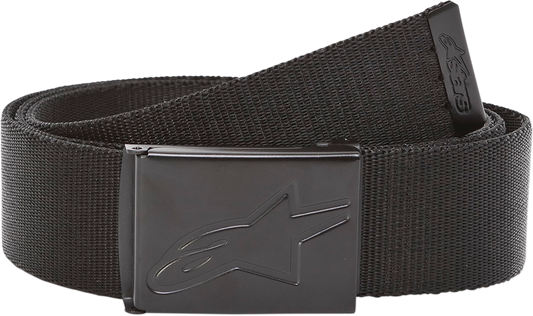 Black Ageless Web Belt by Alpinestars featuring a woven design and metal buckle, perfect for casual and motorcycle style.