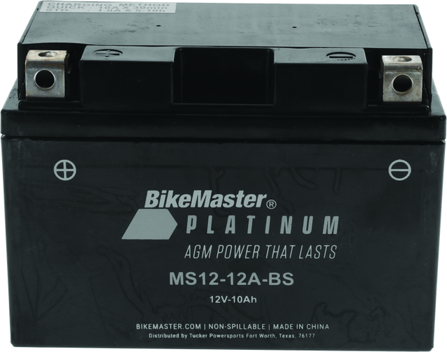 BikeMaster MS12-12A-BS motorcycle battery showing terminals and compact design for reliable power in a motorcycle battery image.