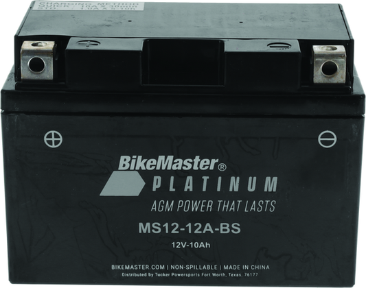 BikeMaster MS12-12A-BS motorcycle battery showing terminals and compact design for reliable power in a motorcycle battery image.