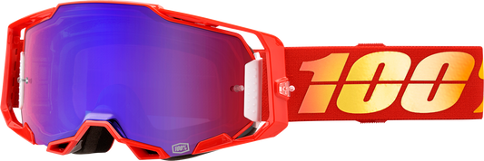 Bill's Exhausts 100% Armega Goggles Nuketown red and blue mirror lenses, lightweight protective eyewear with vibrant reflective design.
