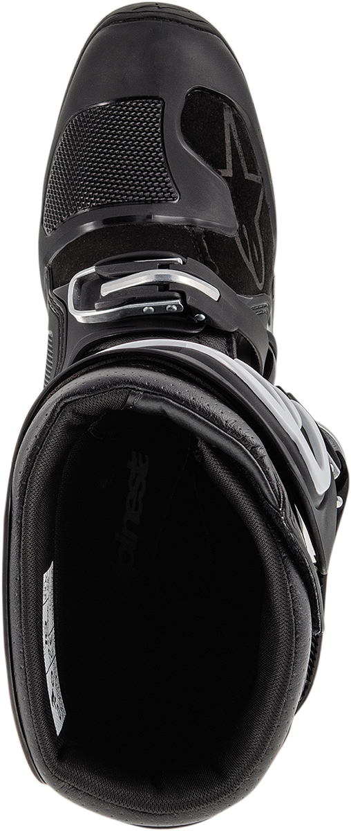 Black ALPINESTARS Tech 7 Enduro Boots with sturdy design and ankle protection, size US 12, for off-road motorcycle riding.