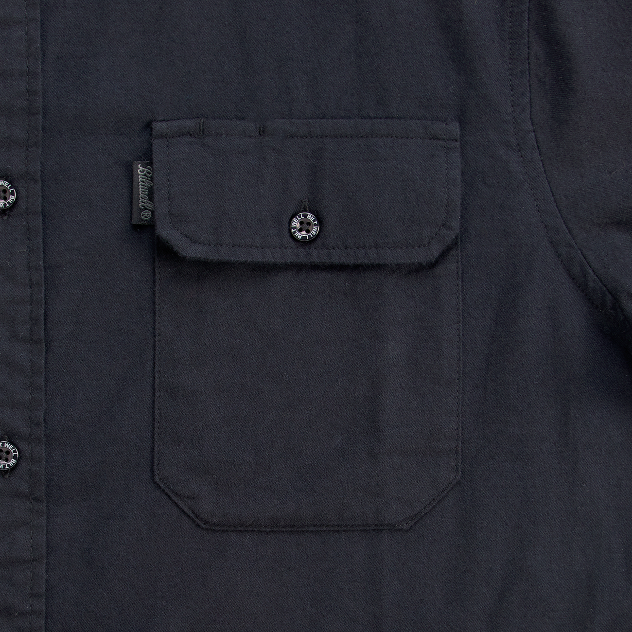 Bill's Exhausts Blackout lightweight flannel shirt in medium, featuring a black and dark gray plaid pattern, casual and comfortable.