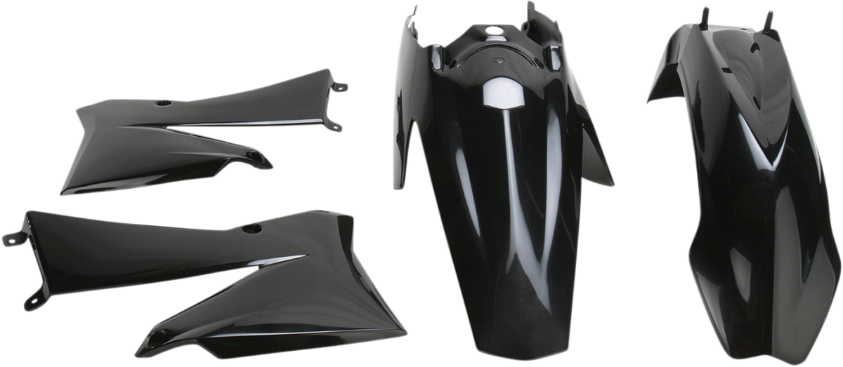 A black Acerbis standard replacement body kit for motorcycles, shown in a detailed view of the assembled body components.