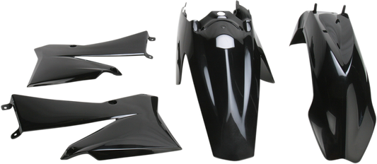 A black Acerbis standard replacement body kit for motorcycles, shown in a detailed view of the assembled body components.