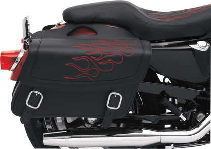Red Saddlemens Flame Saddlebag for seats, large size, featuring bold flame design, compatible with motorcycle seats.