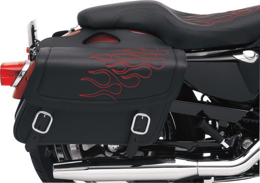 Red Saddlemens Flame Saddlebag for motorcycle seats, medium size, with detailed flame design, designed for durable storage.