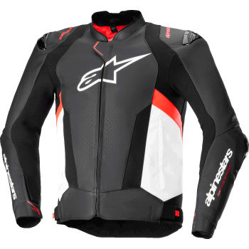 Alpinestars Missile v3 leather motorcycle jacket in black, white, and red fluo with protective armor, US 38 / EU 48 size.