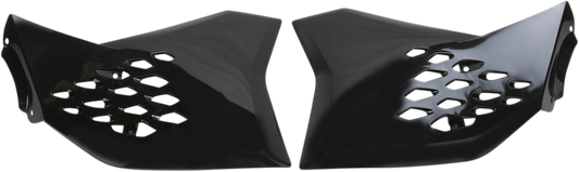 Black ACERBIS radiator shrouds for body of motorcycle, designed for enhanced protection and style.