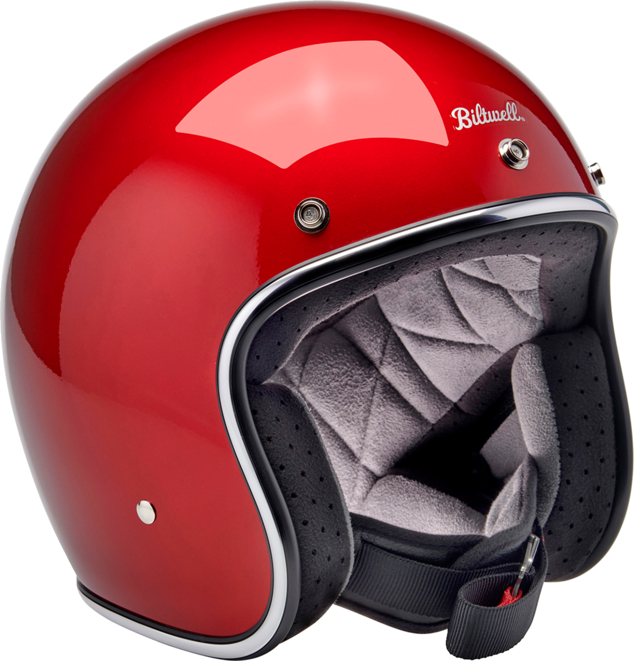 BILTWELL Bonanza helmet in metallic cherry red, medium size, featuring a sleek, glossy motorcycle helmet with ventilation vents.