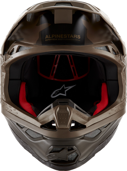 Dark brown and gold ALPINESTARS Supertech M10 helmet with MIPS® technology in large size, featuring sleek racing helmet design.