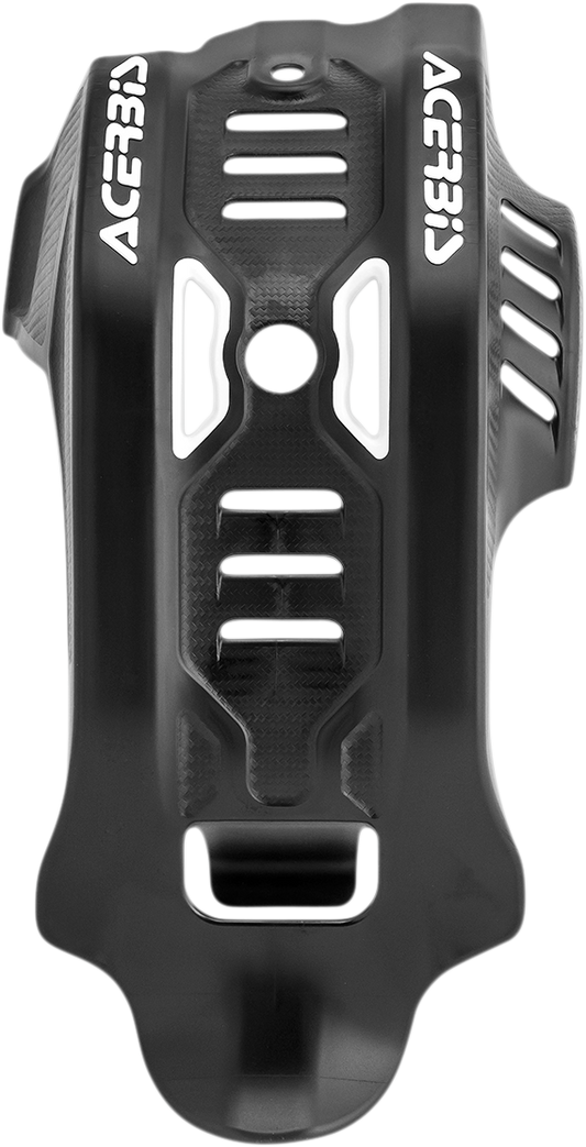 Acerbis large black and white skid plate for Husqvarna motorcycle, mounted on the bike's body, designed for protection and durability.