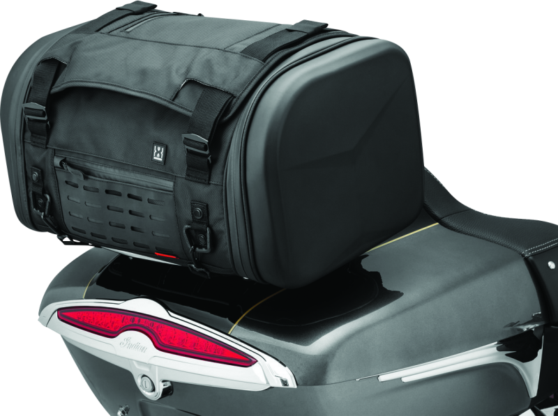 Kuryakyn Xkursion XS Steward Roll Bag for powersports vehicles, shown in black with multiple compartments and straps
